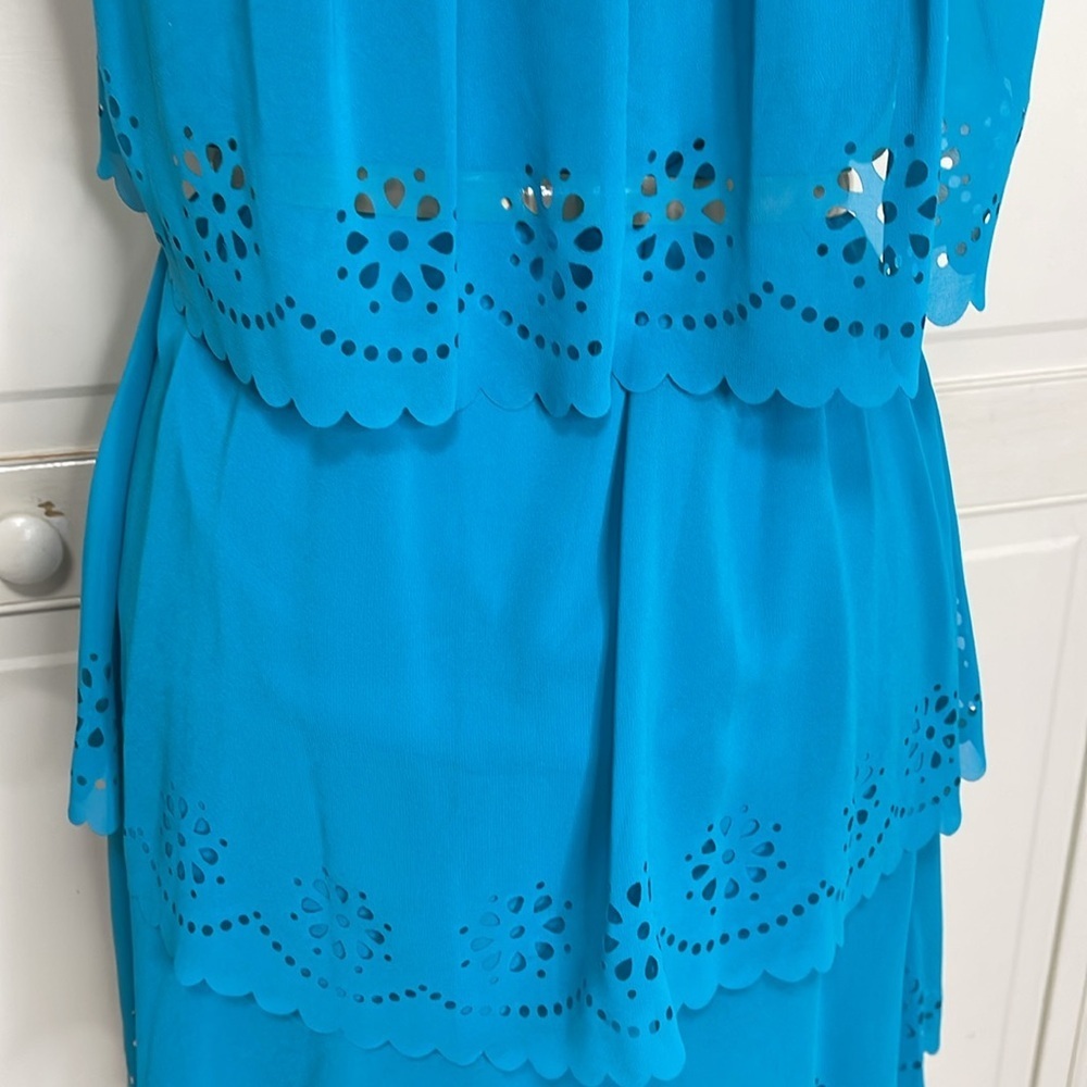 Jessica Simpson Women’s Turquoise Belted Chiffon Eyelet Layered Dress Sz 10 - Picture 10 of 13